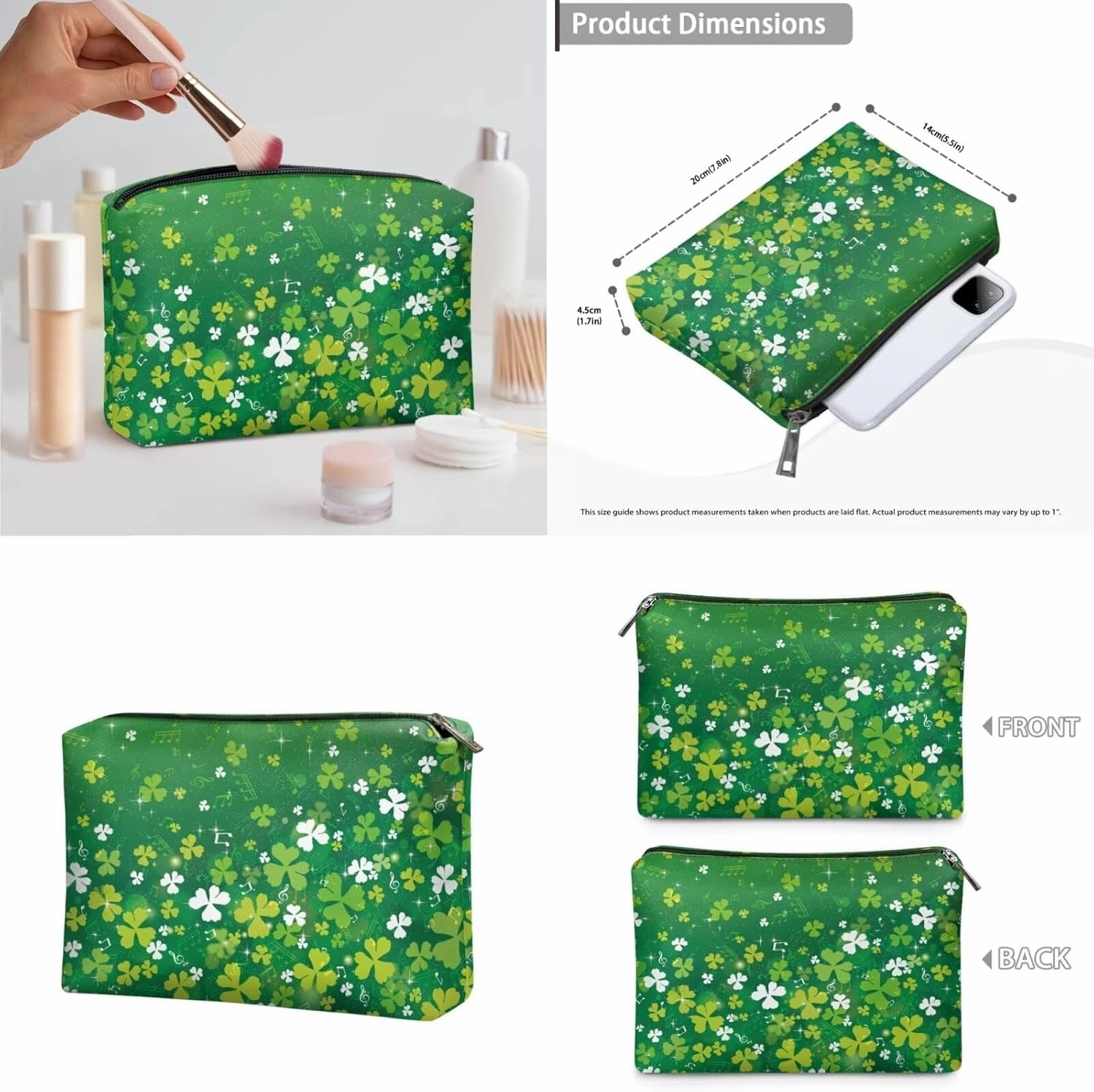 COEQINE Makeup Sponge Travel Case Green St. Patrick'S Day Party Green Leaves Travel Toiletry Bag For Women 3 Pieces Set Double Layer Makeup Brush Bag And Waterproof Coin Purse