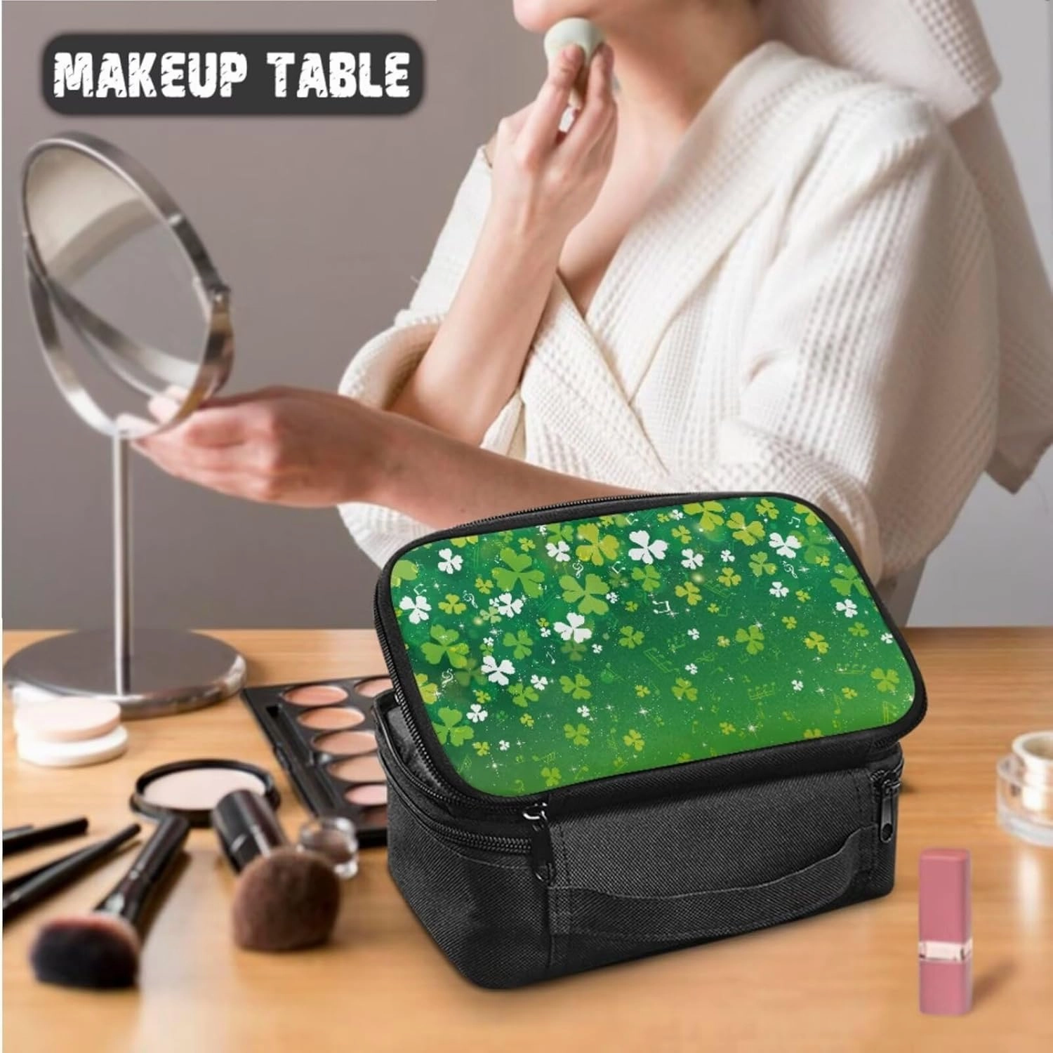 COEQINE Makeup Sponge Travel Case Green St. Patrick'S Day Party Green Leaves Travel Toiletry Bag For Women 3 Pieces Set Double Layer Makeup Brush Bag And Waterproof Coin Purse
