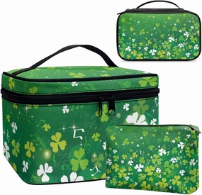 COEQINE Makeup Sponge Travel Case Green St. Patrick'S Day Party Green Leaves Travel Toiletry Bag For Women 3 Pieces Set Double Layer Makeup Brush Bag And Waterproof Coin Purse