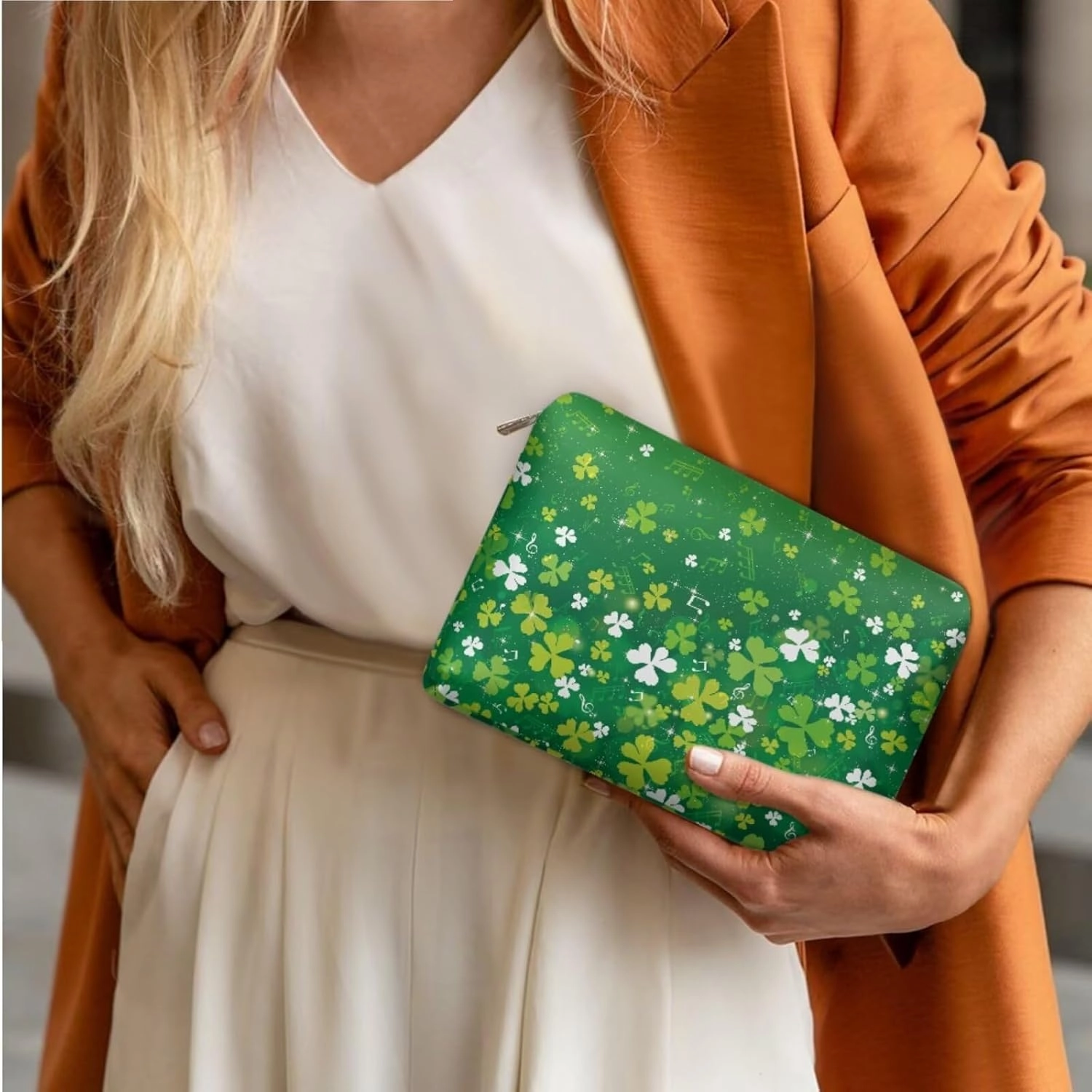 COEQINE Makeup Sponge Travel Case Green St. Patrick'S Day Party Green Leaves Travel Toiletry Bag For Women 3 Pieces Set Double Layer Makeup Brush Bag And Waterproof Coin Purse