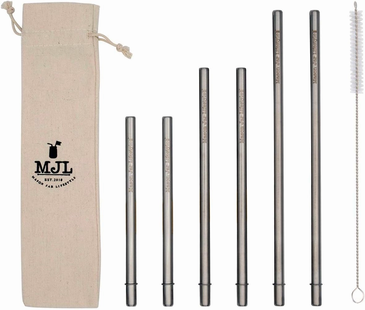 Combo Pack Safer Rounded End Stainless Steel Metal Straws for Mason Jars (6 Pack   Cleaning Brush   Bag)
