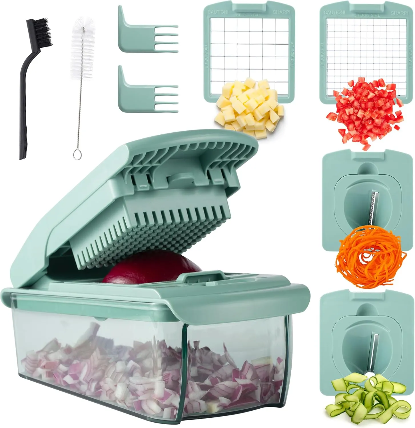 Cook with Color Vegetable Chopper - Multifunctional 11 in 1 Vegetable Chopper with Container - Food Chopper to Dice, Chop, Slice, Julienne and Spiralize, Sage