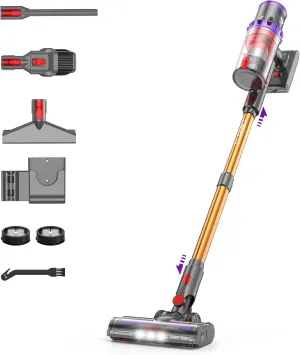 Coovy Cordless Vacuum Cleaner SU7, 580W 45Kpa 70 Minutes Runtime Stick Vacuum with Touch Screen, Anti-Tangle Wireless Powerful Lightweight Vac for Home Pet Hair Carpet Hardwood, Gold