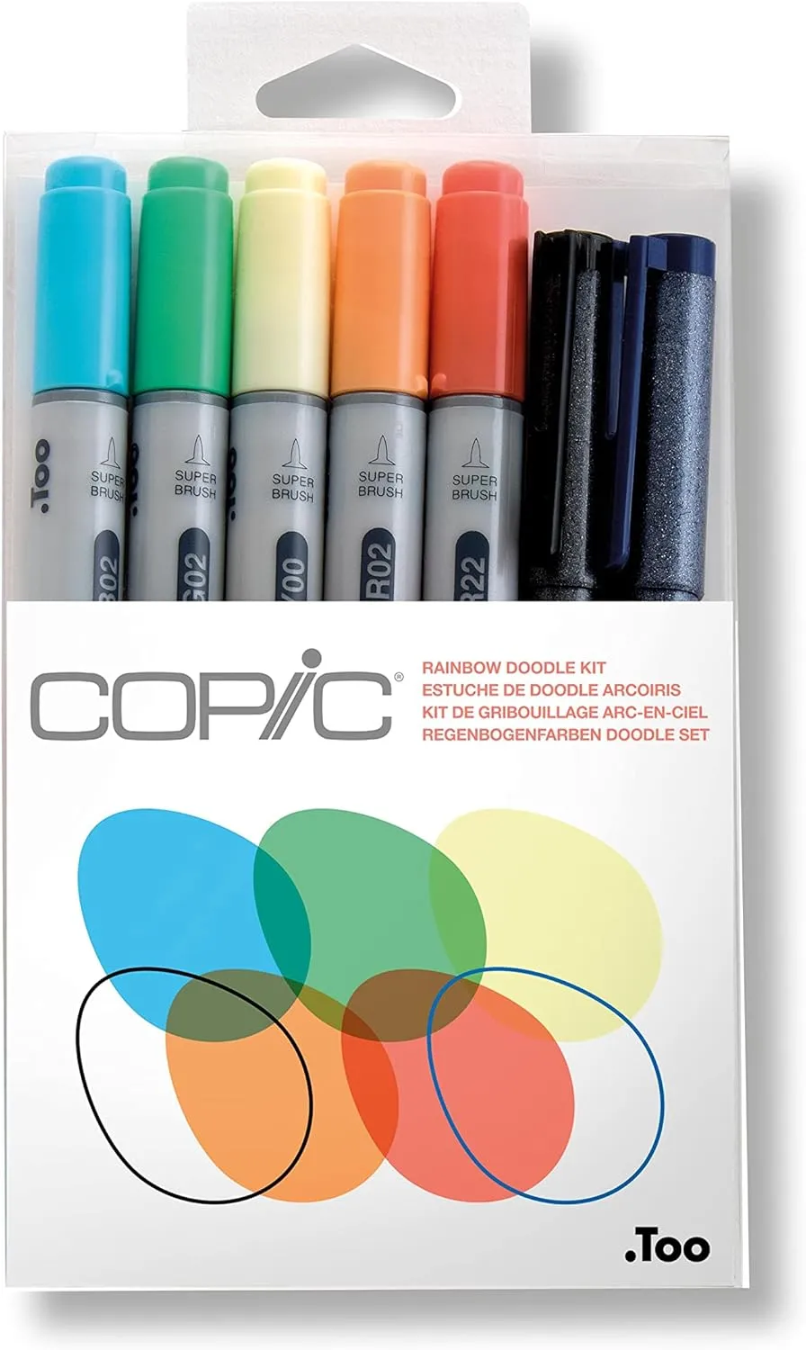 Copic Ciao Alcohol Markers, Doodle Kit Rainbow, 5 markers   2 pens
