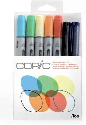 Copic Ciao Alcohol Markers, Doodle Kit Rainbow, 5 markers   2 pens
