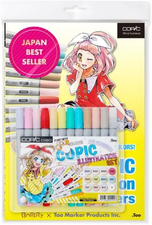 Copic Ciao Illustration Book Bundle Set, Alcohol-Based Markers (12 pcs) with an Instruction Book