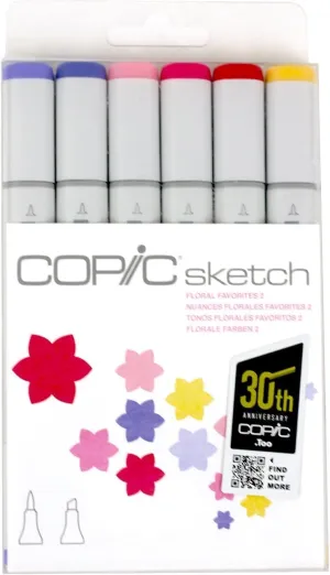 Copic Sketch Marker Floral 2 Set, Oval Barrel, Super Brush and Medium Broad Nibs, 6 Color Set (SFLORAL2)