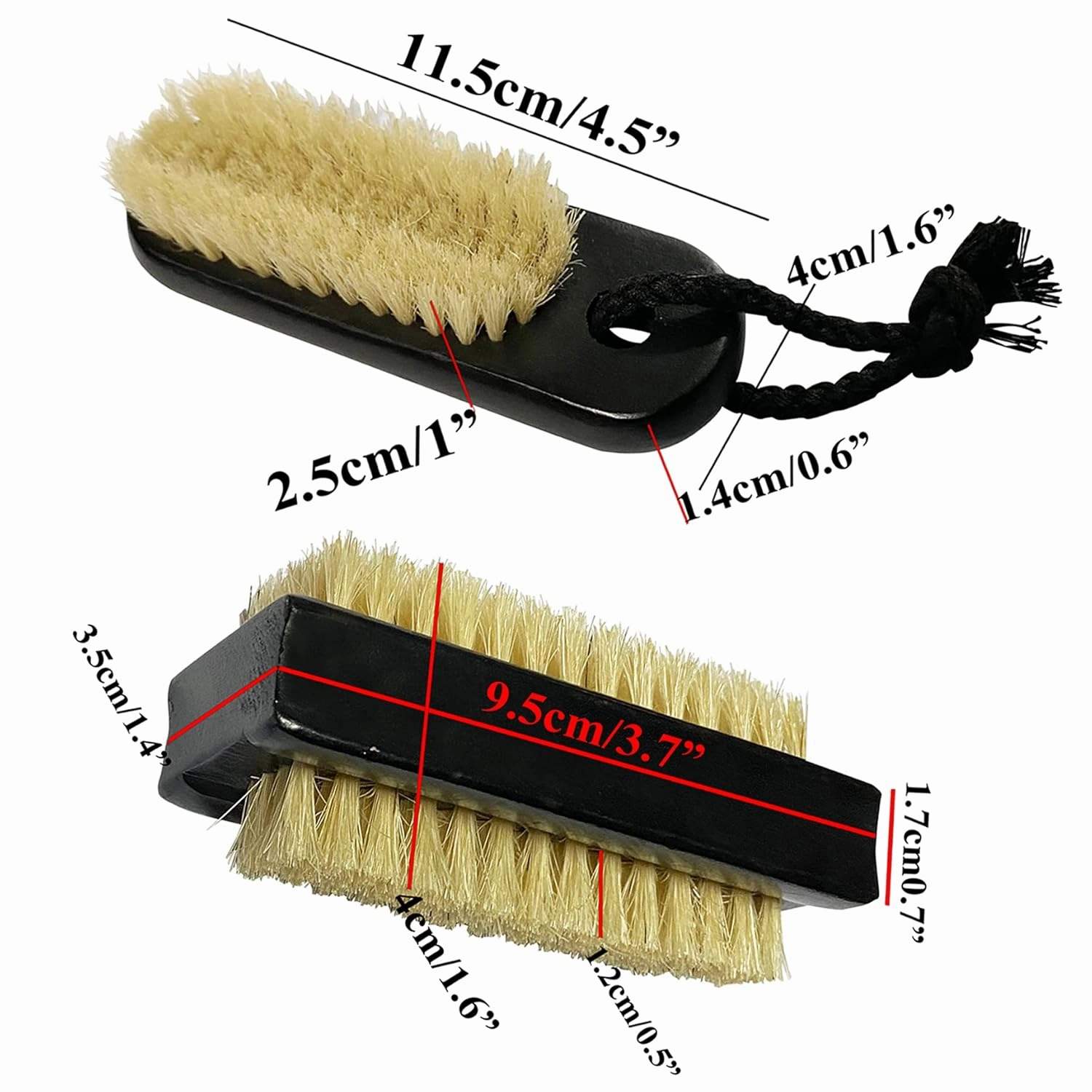 Coralpearl Wooden Nail Brush Cleaner Black X 2 in Natural 100% Boar Bristle for Cleaning Hand Finger Foot Toe, Fingernail Toenail Scrub Brush for Men Women Kids Manicure Pedicure (Two sided   w/Rope)