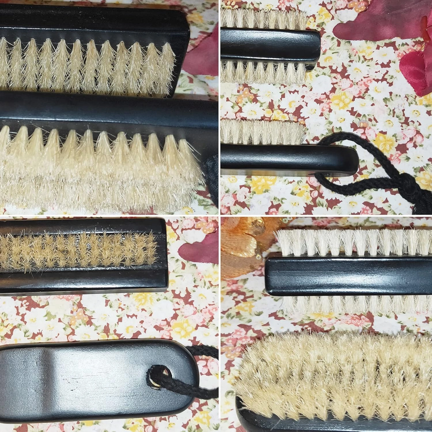 Coralpearl Wooden Nail Brush Cleaner Black X 2 in Natural 100% Boar Bristle for Cleaning Hand Finger Foot Toe, Fingernail Toenail Scrub Brush for Men Women Kids Manicure Pedicure (Two sided   w/Rope)