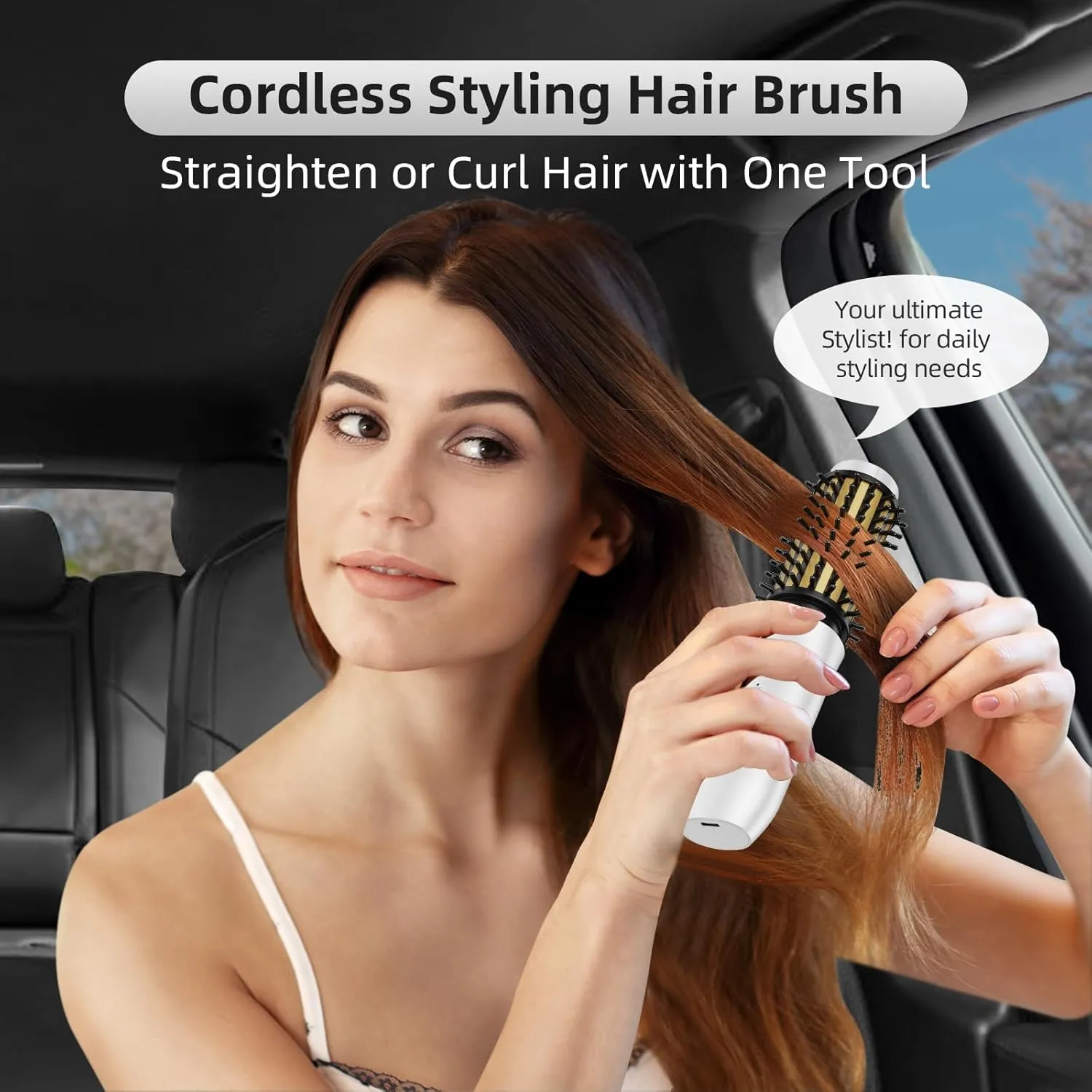 Cordless Curling Iron Brush, 1.5 Inch Mini Travel Hair Curler with 200 Million Negative Ions, Portable Heated Round Straightener Brush Rechargeable for Curl, Touch-Up, De-Frizz, Styling, White