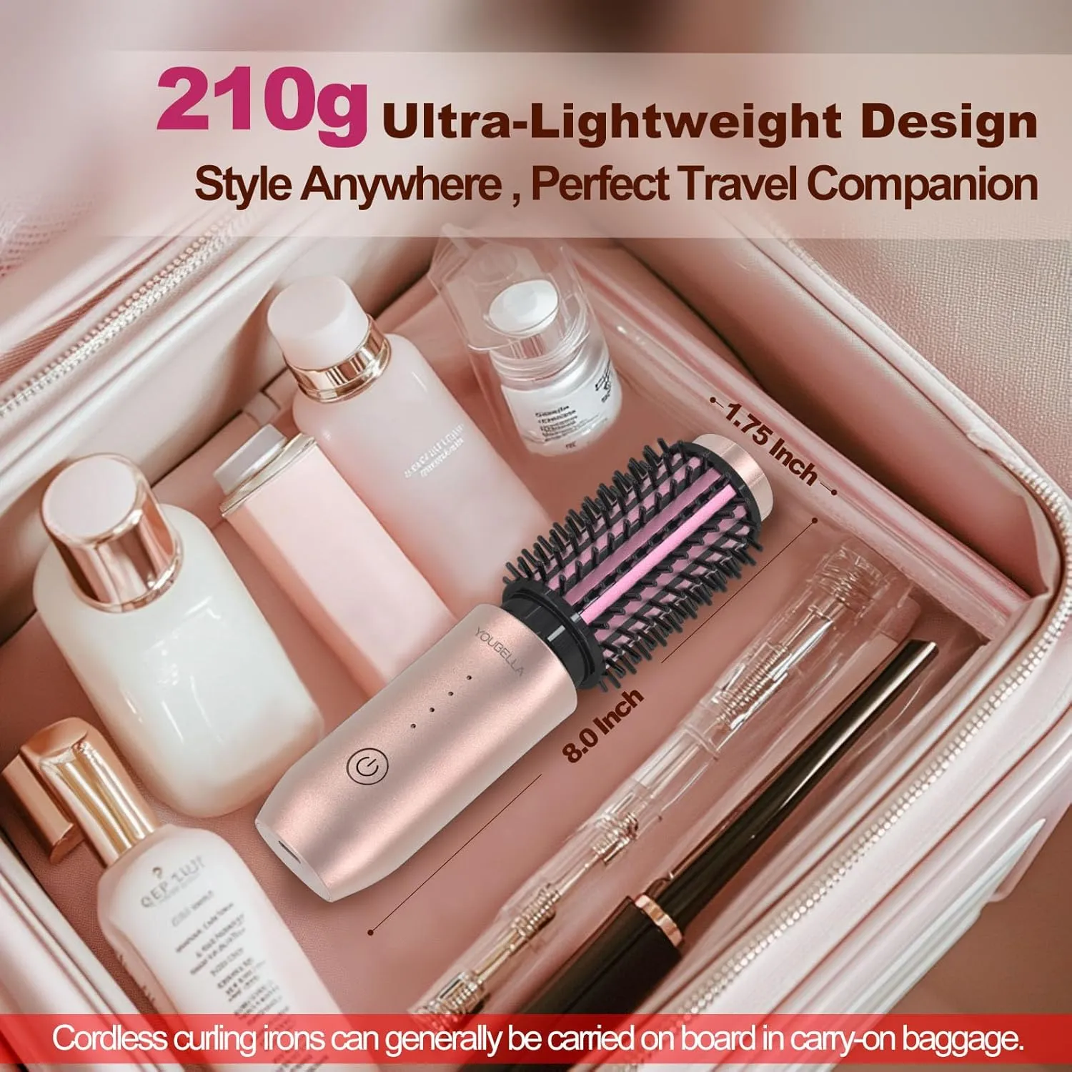 Cordless Hair Curling Iron Brush, Mini Travel Hot Straightener Comb, 3-in-1 Portable Wave Curling Wand, 1.5″ Ionic Heated Brush, USB Rechargeable Hair Curler, Pink