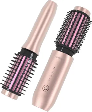 Cordless Hair Curling Iron Brush, Mini Travel Hot Straightener Comb, 3-in-1 Portable Wave Curling Wand, 1.5″ Ionic Heated Brush, USB Rechargeable Hair Curler, Pink