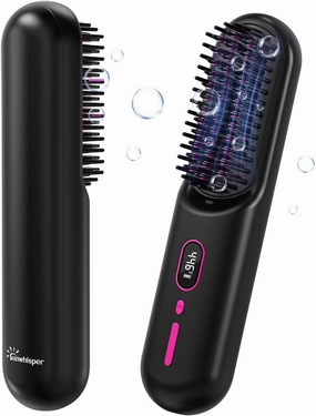 Cordless Hair Straightener Brush with 200 Million Anion, Portable Comb for Travel with LCD Display, 2 Clips - Black
