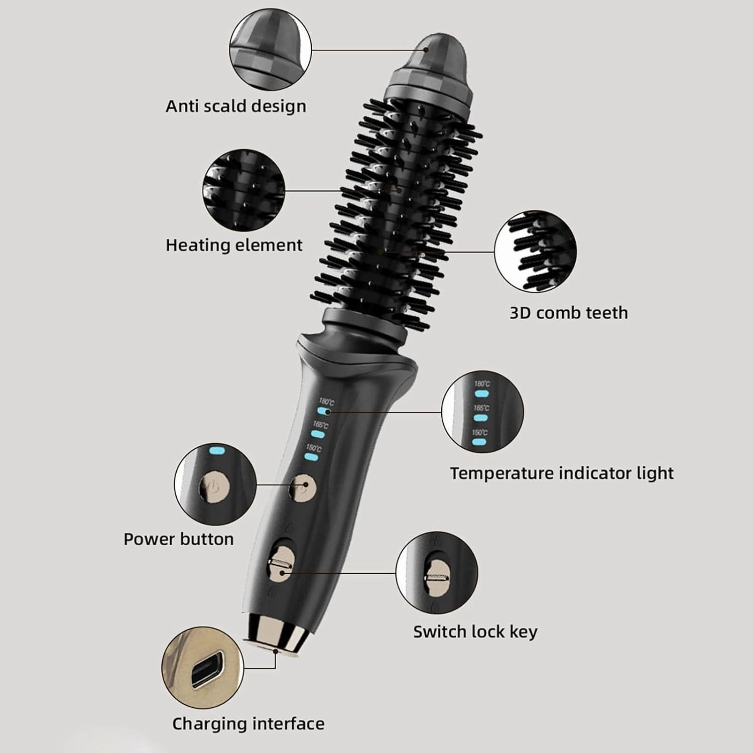 Cordless Heated Round Brush Mini Thermal Curling Iron for Short Hair USB Rechargeable Small Barrel Volume Heat Styling Curling Brush for Men Women Curly Straight Hair Travel (Purple1)