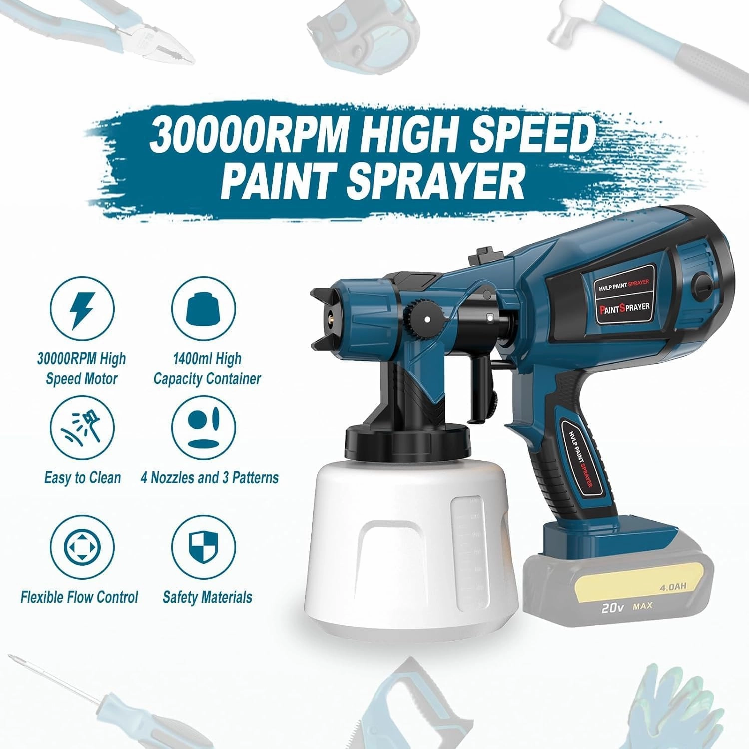 Cordless Paint Sprayer 30000RPM High Speed for Dewalt 20V Battery 1400ml High Capacity Container Spray Paint Gun for for House Furniture Painting Light Blue(Not Include Battery)