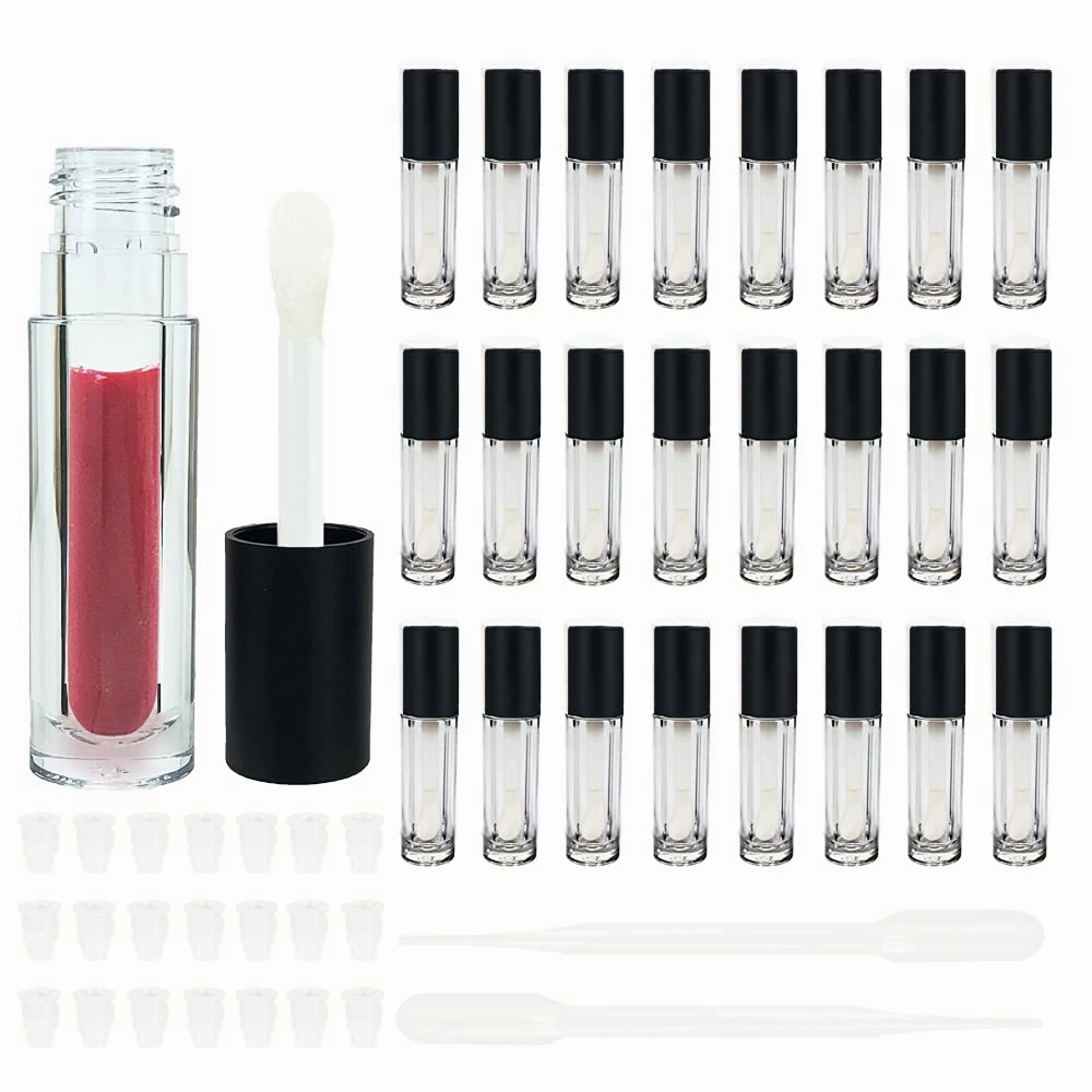 COSIDEA 24 pcs Empty 5ml big brush lip gloss tube black round lipgloss tubes container with big doe foot wand cosmetic packing containers