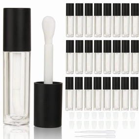 COSIDEA 24 pcs Empty 5ml big brush lip gloss tube black round lipgloss tubes container with big doe foot wand cosmetic packing containers