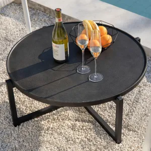 COSIEST Small Round Outdoor Coffee Table Dark Grey, 12''Hx31.5'''All-Weather Concrete Top Patio End Table W Metal Frame for Garden, Balcony and Living Room