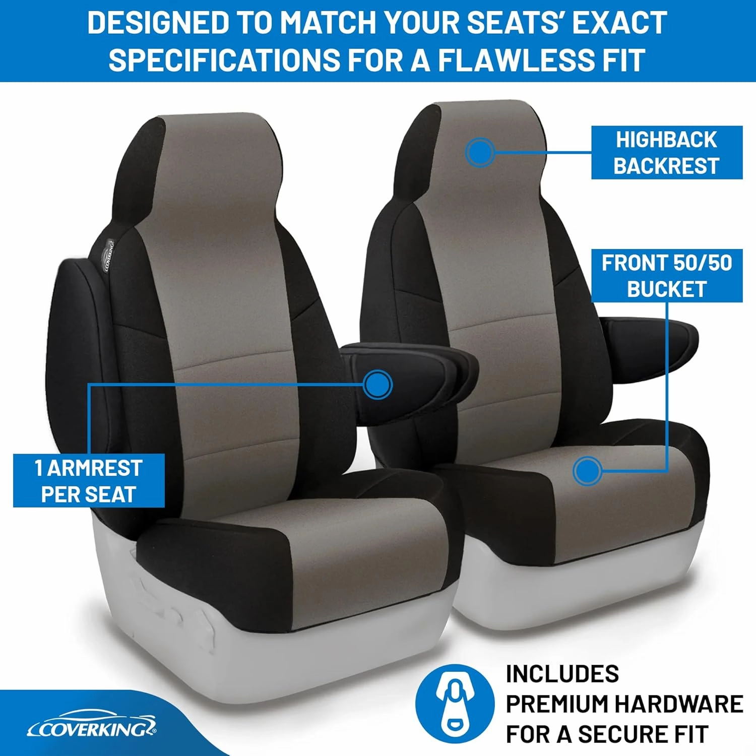 Coverking Custom Fit Neosupreme Front Seat Covers for Ford E-Series (1992-2008) - 50/50 Bucket, 1 Armrest Per Seat, Water-Resistant, Durable, Charcoal with Black Sides