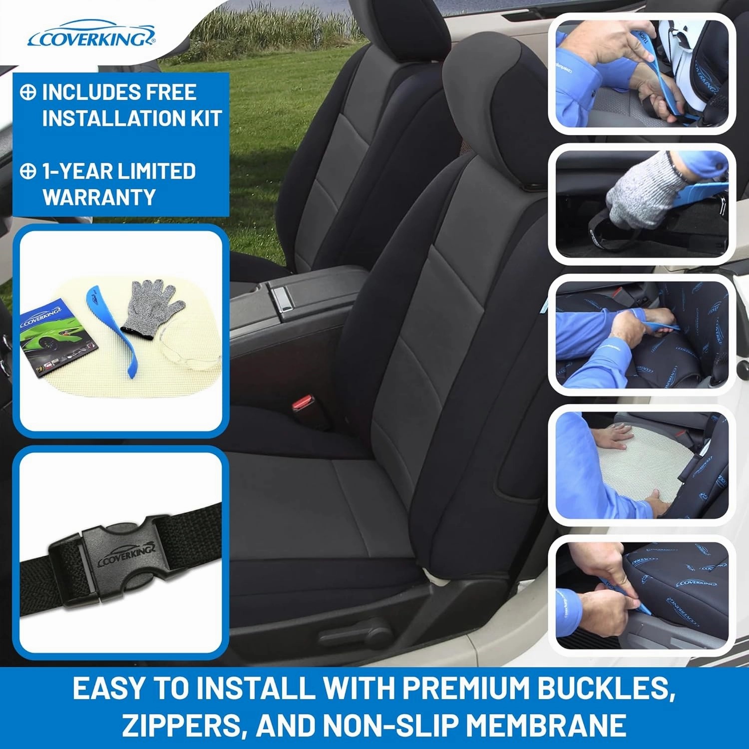 Coverking Custom Fit Neosupreme Front Seat Covers for Ford E-Series (1992-2008) - 50/50 Bucket, 1 Armrest Per Seat, Water-Resistant, Durable, Charcoal with Black Sides