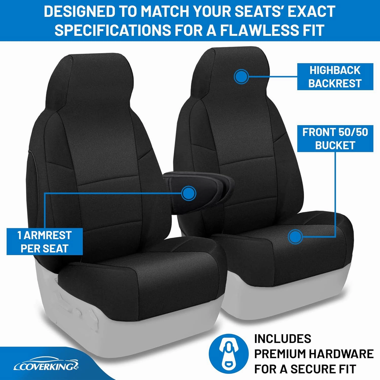 Coverking Custom Fit Neosupreme Front Seat Covers for Ford E-Series (1992-2008) - 50/50 Bucket, Highback Backrest, 1 Armrest Per Seat, Water-Resistant, Durable, Black