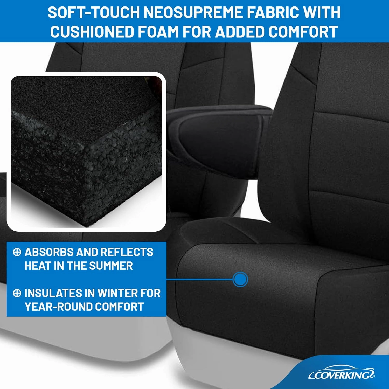 Coverking Custom Fit Neosupreme Front Seat Covers for Ford E-Series (1992-2008) - 50/50 Bucket, Highback Backrest, 1 Armrest Per Seat, Water-Resistant, Durable, Black