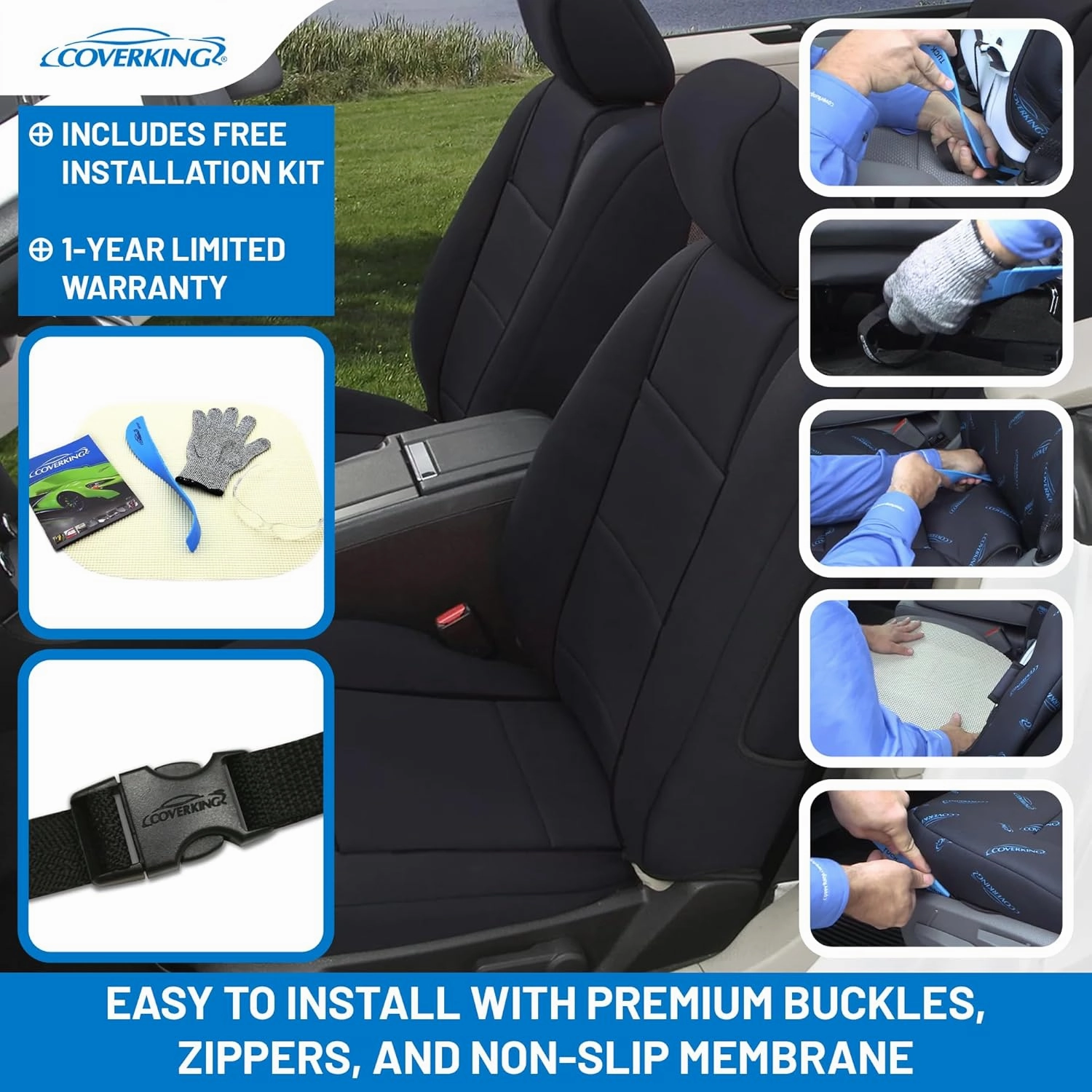 Coverking Custom Fit Neosupreme Front Seat Covers for Ford E-Series (1992-2008) - 50/50 Bucket, Highback Backrest, 1 Armrest Per Seat, Water-Resistant, Durable, Black