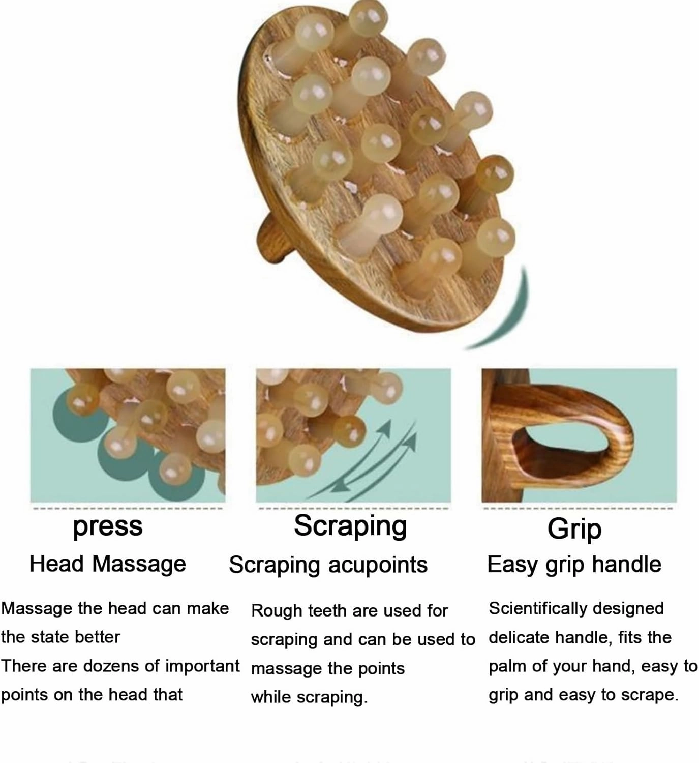 Cow Horn Meridian Pressure Brush Anti Cellulite Abdomen Head Body Blood Circulation Sandalwood Massage Brush Stimulation Points Daily Beauty Fitness(28 Nails)