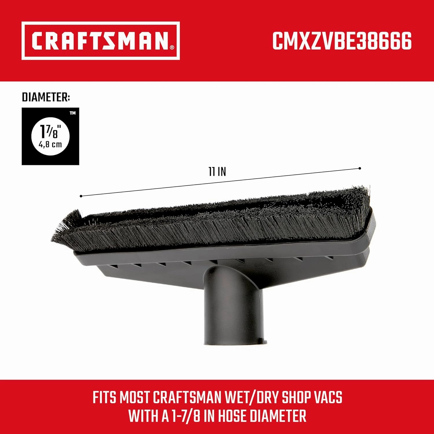 CRAFTSMAN CMXZVBE38666 1-7/8 in. Floor Brush Wet Dry Vac Attachment, Industrial-Grade Shop Vacuum Accessory with Bristles for Cleaning Large Areas, Fits 1-7/8 in. Hose Diameter