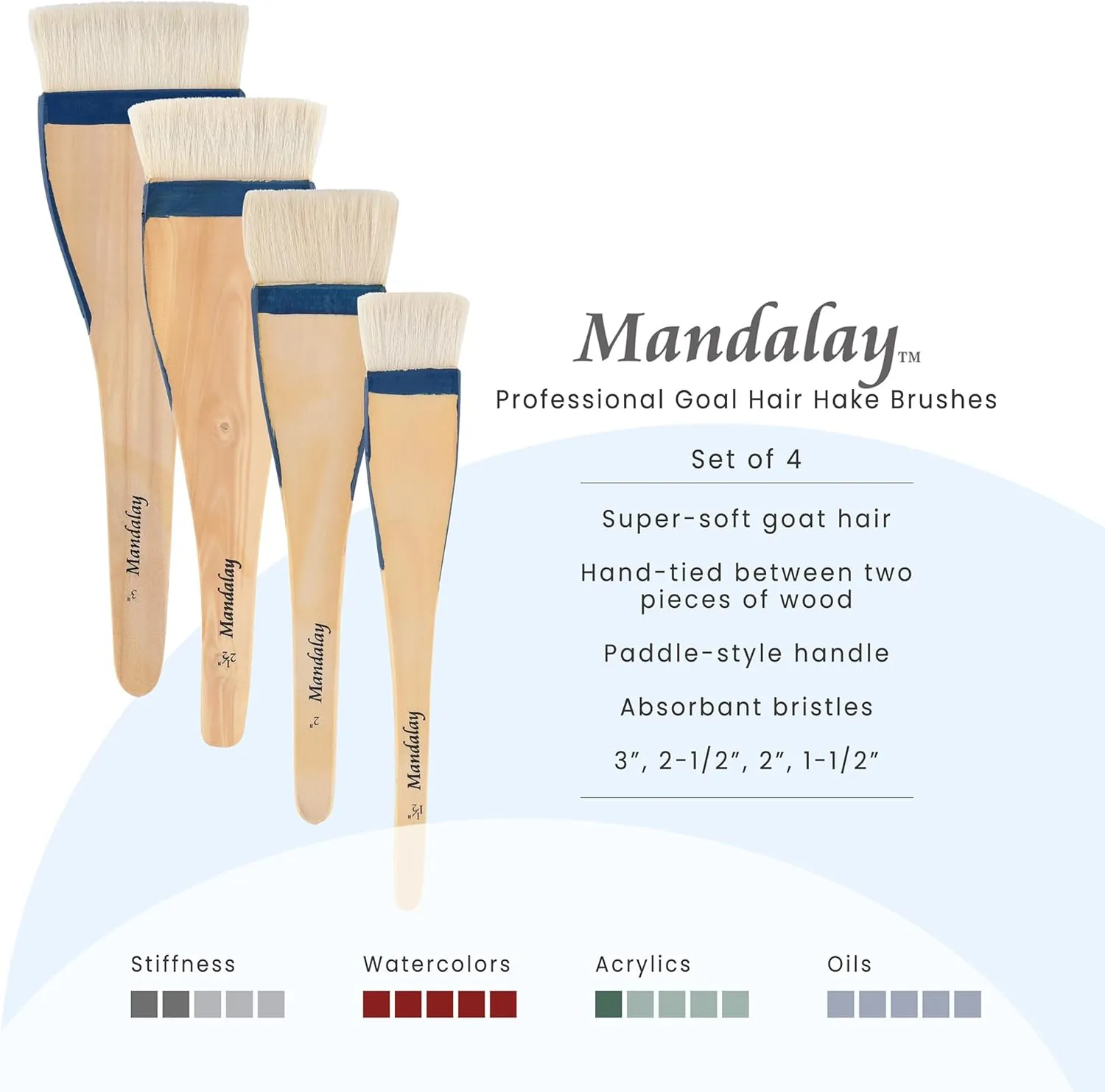 Creative Mark Mandalay Professional Goat Hair Hake Brush - Set of 4 Wide Paint Brushes with Paddle Handle for Professional Artists - Soft Natural Bristles Ideal for Sumi-e and Color Washes