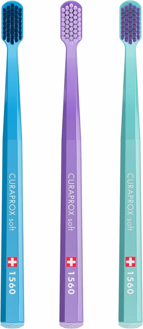 Curaprox CS 1560 Soft Toothbrush with Ultra-Fine Filaments & Compact, Slightly Angled Toothbrush Head for Improved Tooth & Gum Health, 3 Pack