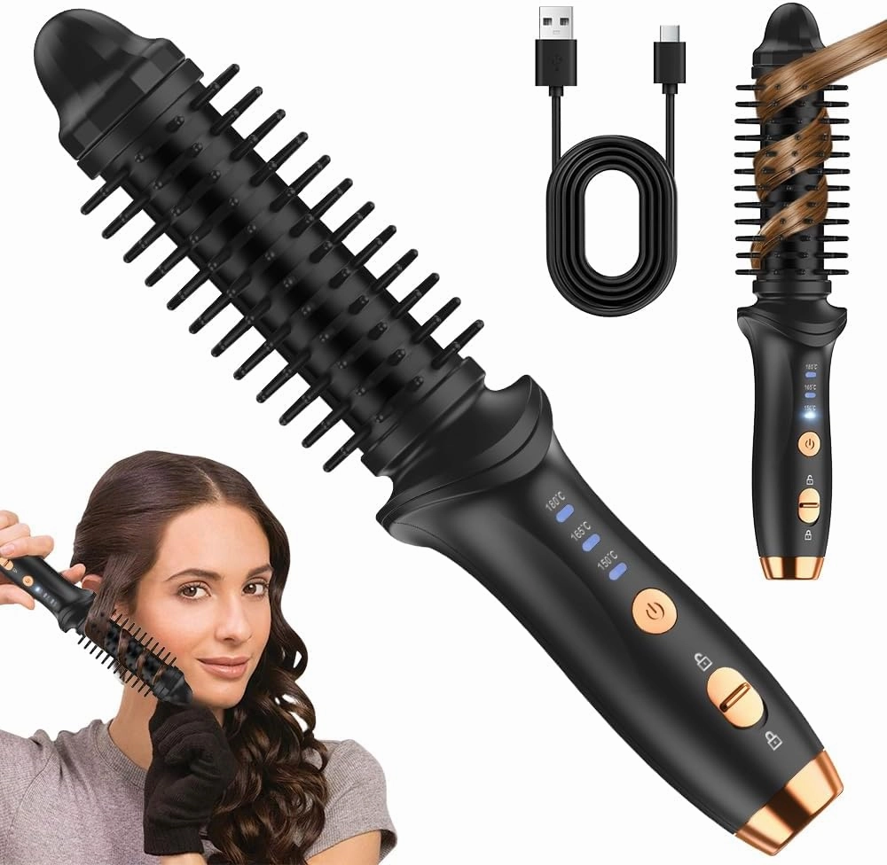 Curling Brush,Cordless Rechargeable Hair Curling Brush,Anti-Scald Heated Round Wand 4000mAh,for Short Hair and Long Hair,Up to 180°C,Heated Styling Straightener for Travel(Black)
