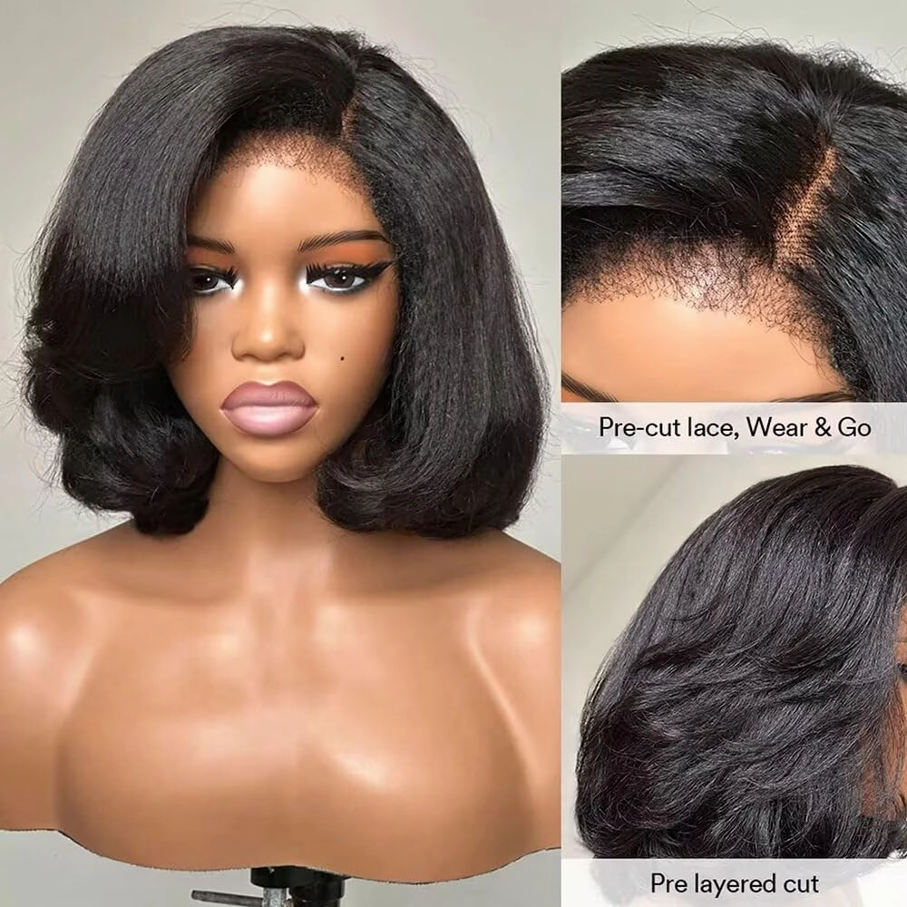 Curly Bay Hair Short Bob Yaki Side Part Layered Wavy Kinky Straight Short Bob Wig 8 Inch 180 Density Transparent HD Lace Front Wig Human Hair Pixie Cut Wig Pre Plucked with Kinky Edges