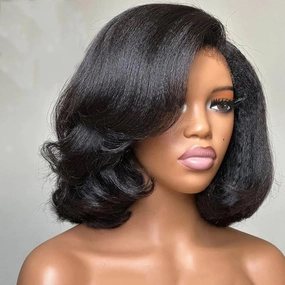 Curly Bay Hair Short Bob Yaki Side Part Layered Wavy Kinky Straight Short Bob Wig 8 Inch 180 Density Transparent HD Lace Front Wig Human Hair Pixie Cut Wig Pre Plucked with Kinky Edges