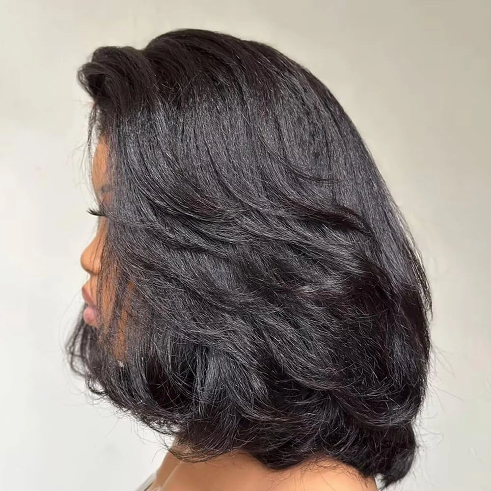Curly Bay Hair Short Bob Yaki Side Part Layered Wavy Kinky Straight Short Bob Wig 8 Inch 180 Density Transparent HD Lace Front Wig Human Hair Pixie Cut Wig Pre Plucked with Kinky Edges