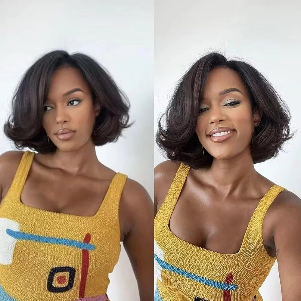 Curly Bay Hair Short Bob Yaki Side Part Layered Wavy Kinky Straight Short Bob Wig 8 Inch 180 Density Transparent HD Lace Front Wig Human Hair Pixie Cut Wig Pre Plucked with Kinky Edges