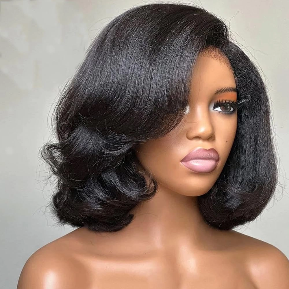 Curly Bay Hair Short Bob Yaki Side Part Layered Wavy Kinky Straight Short Bob Wig 8 Inch 180 Density Transparent HD Lace Front Wig Human Hair Pixie Cut Wig Pre Plucked with Kinky Edges