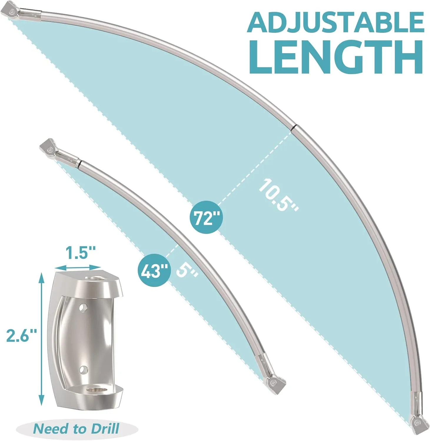 Curved Shower Curtain Rod 43-72 Inches Adjustable, Aluminum Shower Rod Rustproof, Round shower curtain rod, Curved Shower Rods for Bathroom, Bathtub, Stall, Brush Nickel