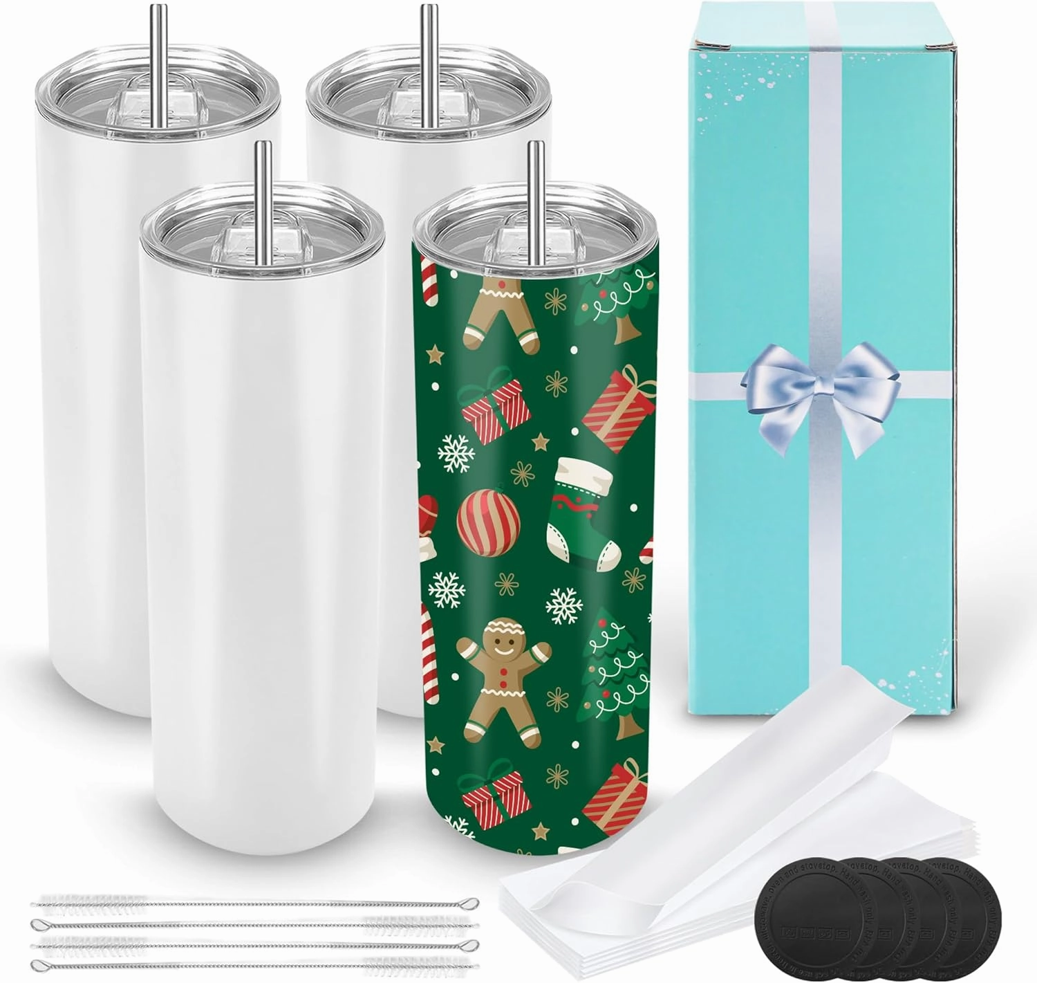 D·S 4 Pack Sublimation Tumblers 20 oz Bulk Skinny Straight Flat Bottom Blank Tumbler Cups with Individual Gift Boxed for Heat Transfer DIY Craft