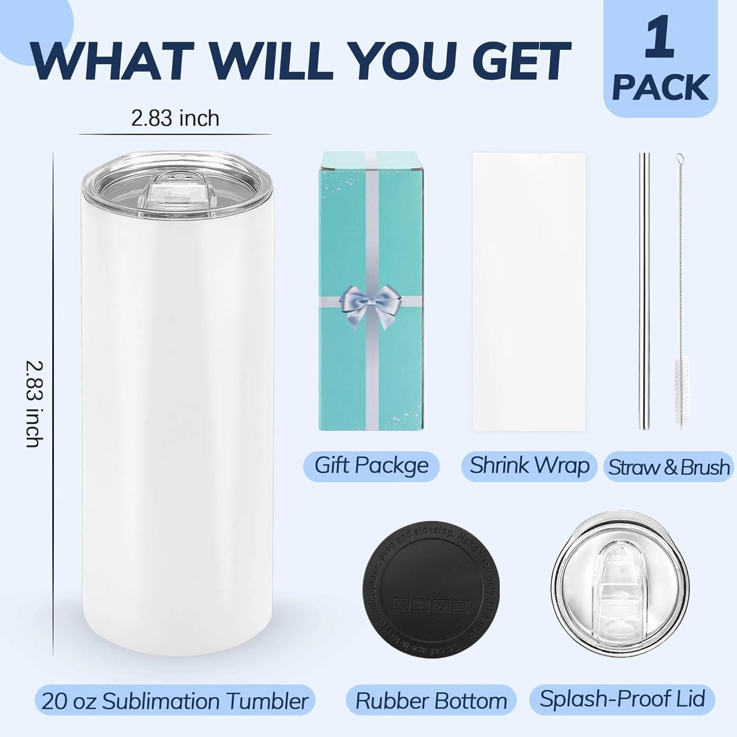 D·S 4 Pack Sublimation Tumblers 20 oz Bulk Skinny Straight Flat Bottom Blank Tumbler Cups with Individual Gift Boxed for Heat Transfer DIY Craft