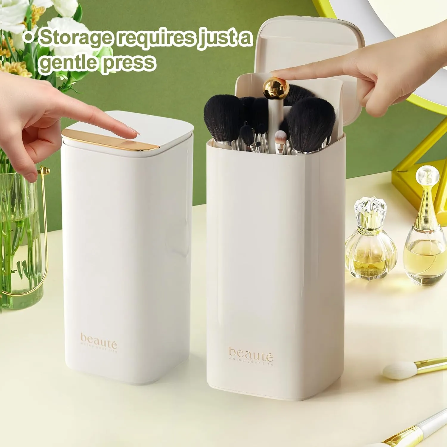 DASITON Makeup Brush Holder with Lid,4 Slots Makeup Brush Organizer,Automatic Lifting Makeup Cosmetics Organizer,for Vanity Decor,Bathroom Countertop,Dustproof Cosmetic Brushes Container(White)