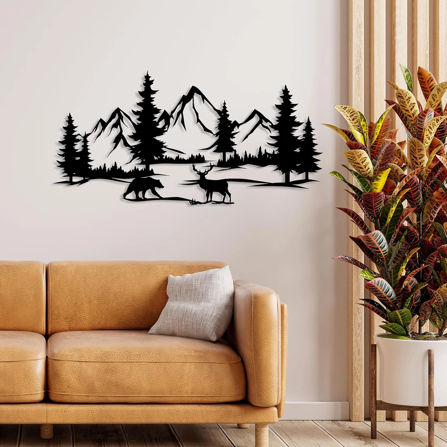 DecoSoul Mountain & Forest Metal Wall Art - Extra Large Farmhouse Wall Decor, Pine Tree & Bear Outdoor Metal Sign, Fireplace Decor, Mountain Range View, Housewarming Gift