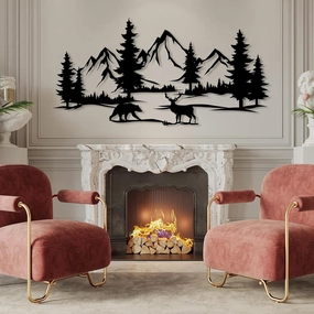 DecoSoul Mountain & Forest Metal Wall Art - Extra Large Farmhouse Wall Decor, Pine Tree & Bear Outdoor Metal Sign, Fireplace Decor, Mountain Range View, Housewarming Gift