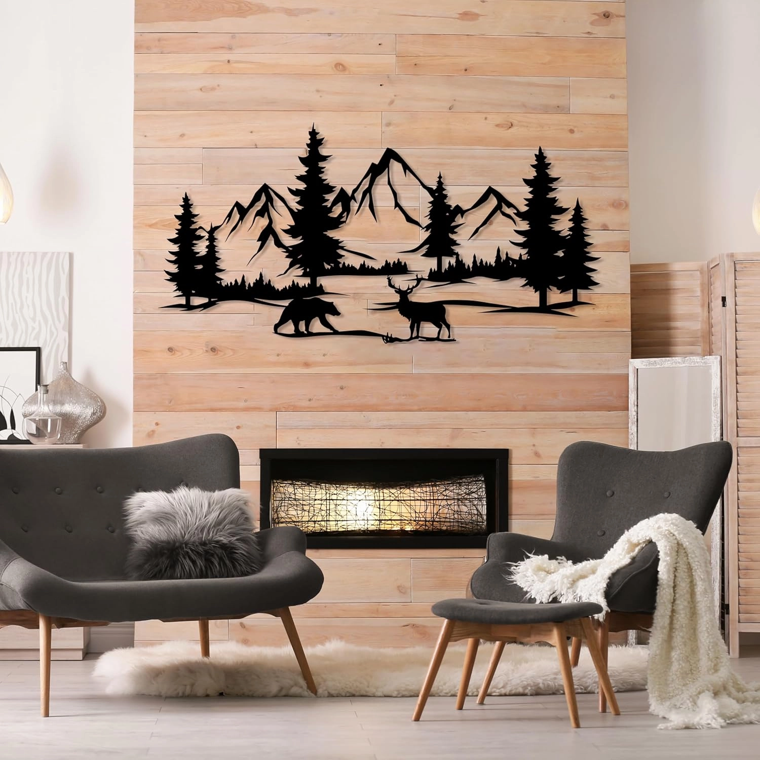 DecoSoul Mountain & Forest Metal Wall Art - Extra Large Farmhouse Wall Decor, Pine Tree & Bear Outdoor Metal Sign, Fireplace Decor, Mountain Range View, Housewarming Gift