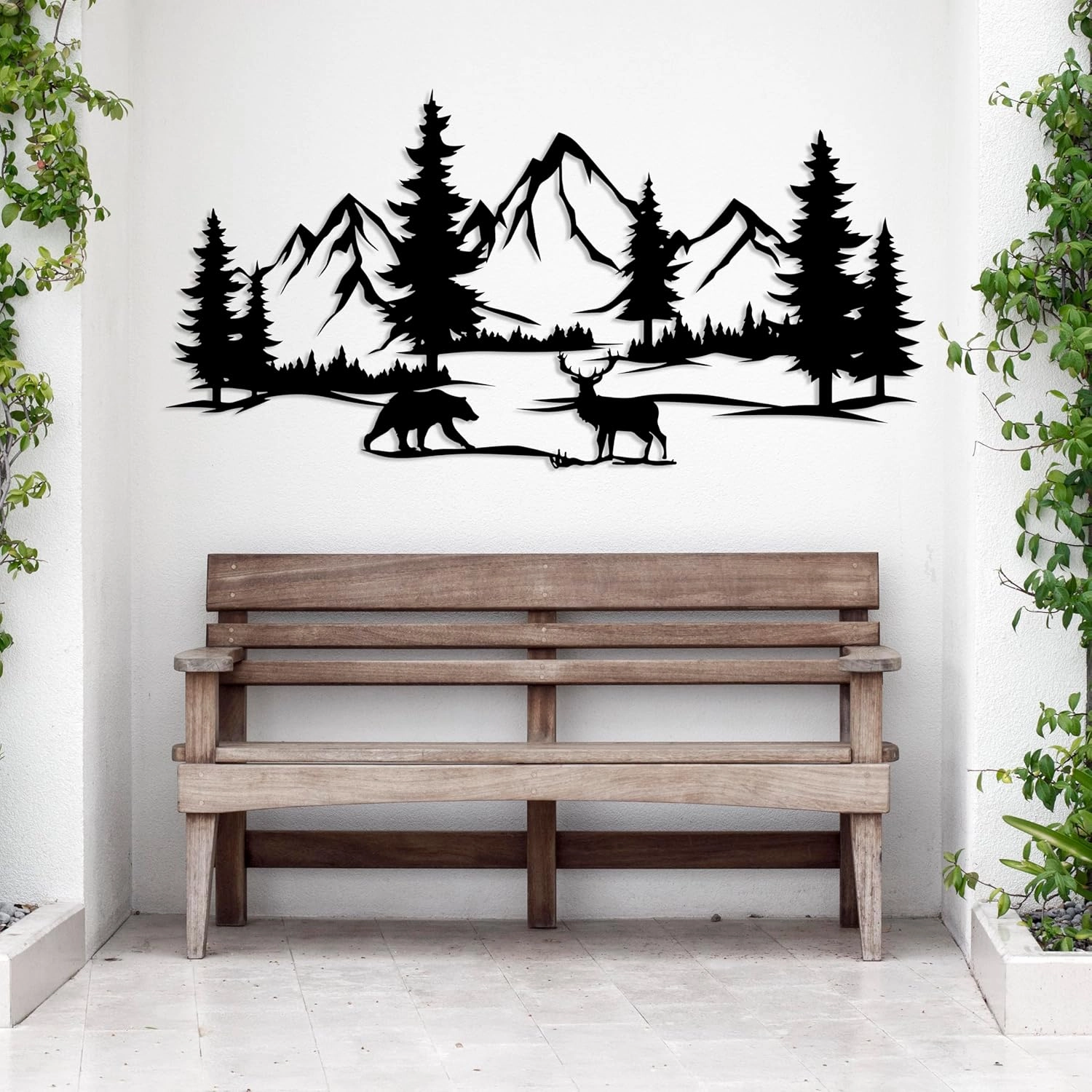 DecoSoul Mountain & Forest Metal Wall Art - Extra Large Farmhouse Wall Decor, Pine Tree & Bear Outdoor Metal Sign, Fireplace Decor, Mountain Range View, Housewarming Gift