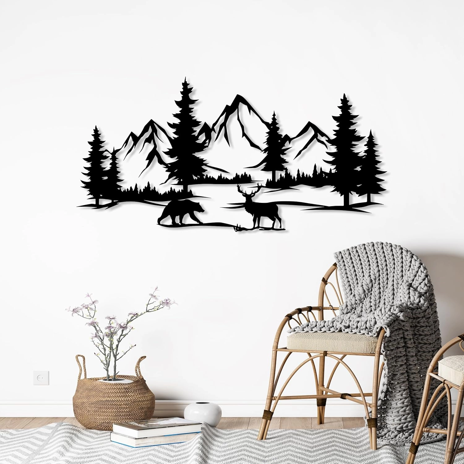 DecoSoul Mountain & Forest Metal Wall Art - Extra Large Farmhouse Wall Decor, Pine Tree & Bear Outdoor Metal Sign, Fireplace Decor, Mountain Range View, Housewarming Gift