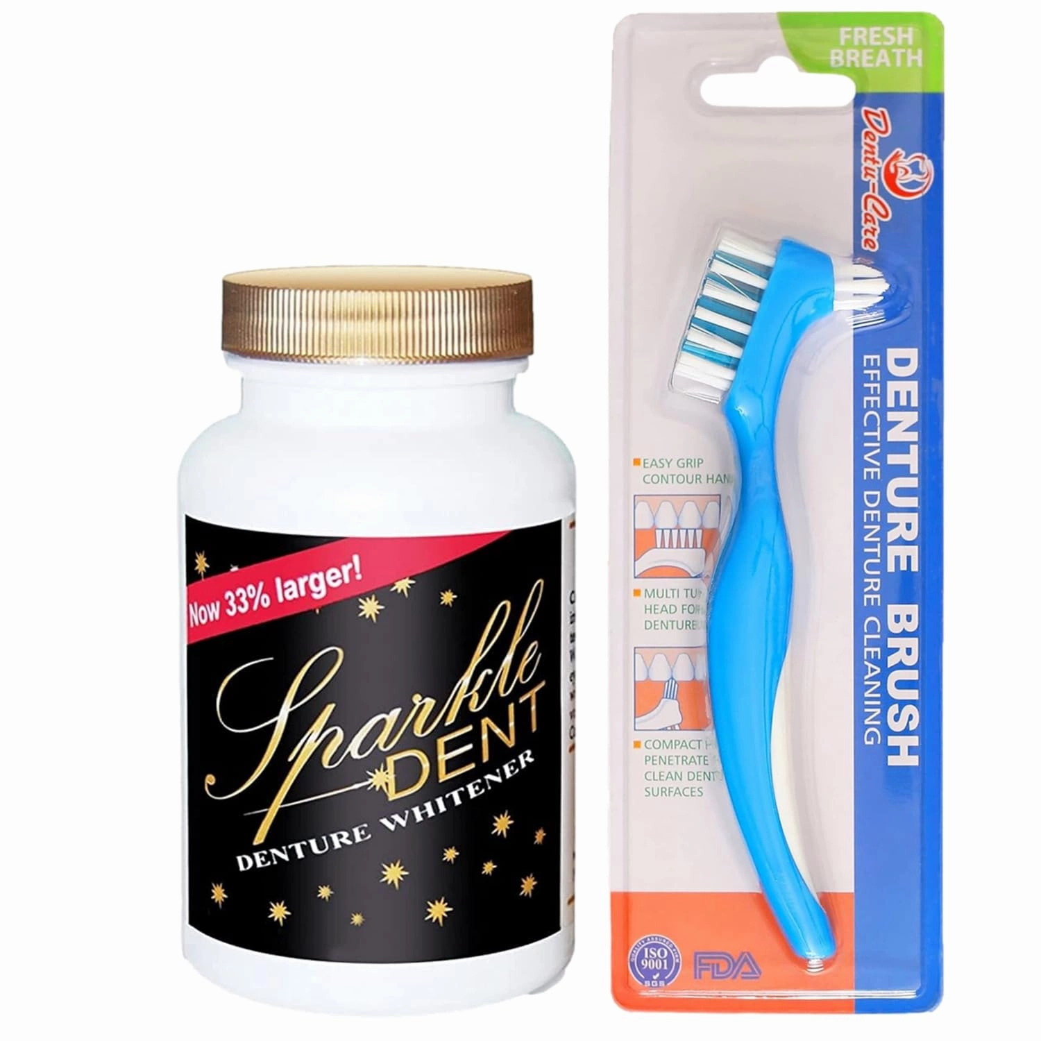 Dentu-Care Denture Brush & Sparkle Dent Cleaner Set, 5-Month Supply, Removes Stains and Plaque, Dual Head Brush for Smooth and Hard to Reach Areas, for Full & Partial Dentures, Retainers, Invisalign