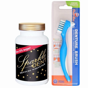 Dentu-Care Denture Brush & Sparkle Dent Cleaner Set, 5-Month Supply, Removes Stains and Plaque, Dual Head Brush for Smooth and Hard to Reach Areas, for Full & Partial Dentures, Retainers, Invisalign