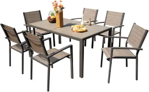 Devoko Patio Dining Set 7 Piece Outdoor Furniture with Rectangular Table and 6 Stackable Chairs Family Conversation Set for Garden Backyard Deck (Brown)