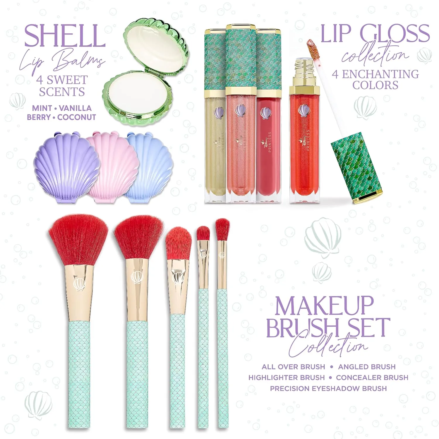Disney Belle Maison Cosmetic Makeup Set, Makeup Essential, Princess Ariel - Includes 5pc Makeup Brush, 4pc Lip Gloss, 4pc Lip Balm
